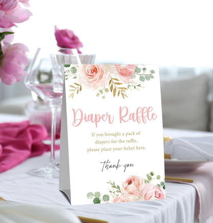 Pink Floral Diaper Raffle Cards for Baby Shower Game,1 Standing Sign & 50 Guessing Cards,Girl's Baby Shower Party Decoration,Guessing How Many Diaper Raffle Tickets
