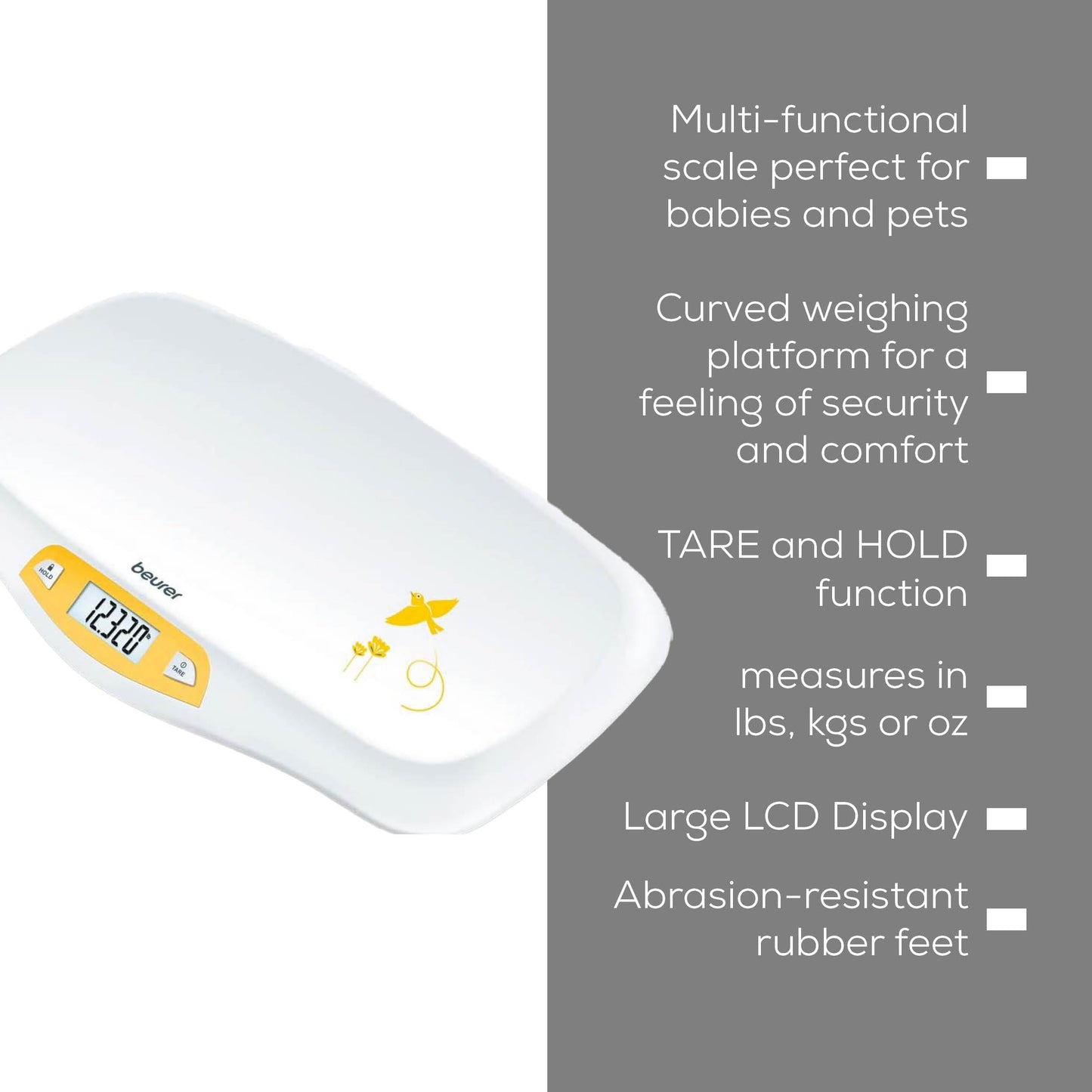 Beurer BY82 Multifunctional Baby Scale for Infants, Pets, Kids, & Adults up to 396lbs, Measures in 4 Units with Backlit Digital Display & Hold Function for Accuracy, Animal Scale for Cats and Dogs