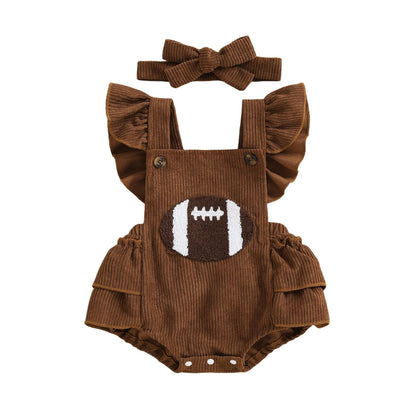 Football Baby Girl Outfit Embroidery Football Romper Ruffle Sleeve Corduroy Bodysuit Overalls Game Day Clothes