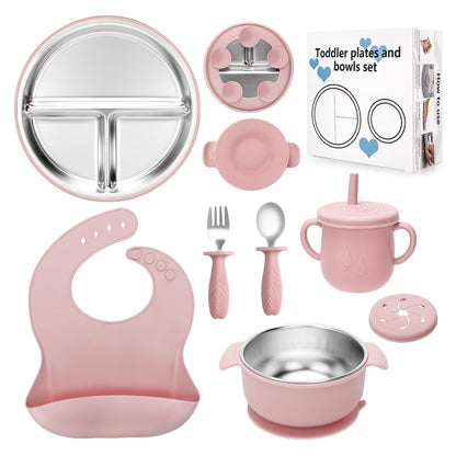 Baby Weaning Bundle, Silicone Baby Feeding Set, Comes with Detachable Silicone Stainless Steel Toddlers Plate and Bowl set, Baby Bib and 2-in-1 Water Cup and spoons (Blue)