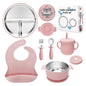 Baby Weaning Bundle, Silicone Baby Feeding Set, Comes with Detachable Silicone Stainless Steel Toddlers Plate and Bowl set, Baby Bib and 2-in-1 Water Cup and spoons (Blue)