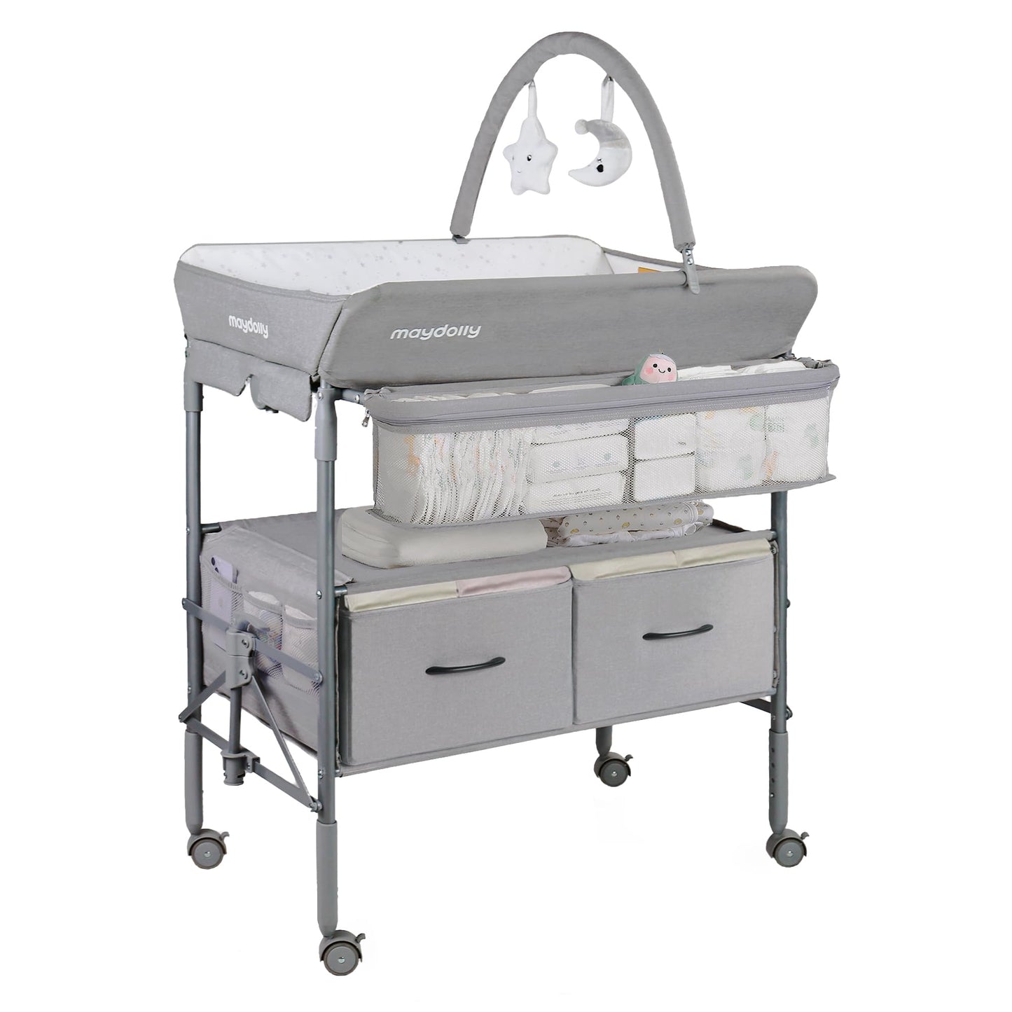 Baby Changing Table with Wheels, Maydolly Portable Foldable Changing Table, Waterproof Diaper Changing Station, Adjustable Height Changing Station, Mobile Nursery for Newborn and Infant (Grey)