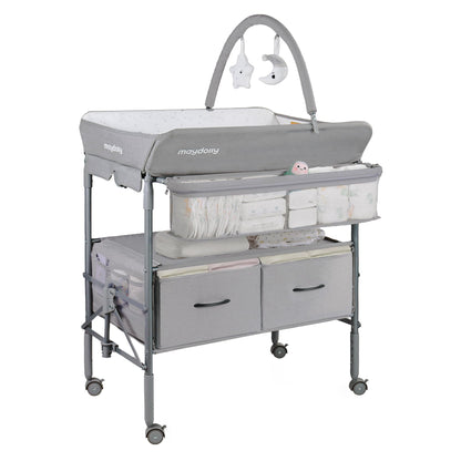 Baby Changing Table with Wheels, Maydolly Portable Foldable Changing Table, Waterproof Diaper Changing Station, Adjustable Height Changing Station, Mobile Nursery for Newborn and Infant (Grey)