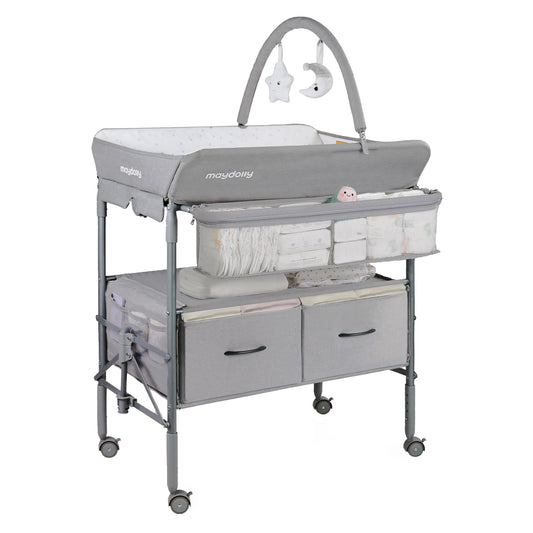 Baby Changing Table with Wheels, Maydolly Portable Foldable Changing Table, Waterproof Diaper Changing Station, Adjustable Height Changing Station, Mobile Nursery for Newborn and Infant (Grey)
