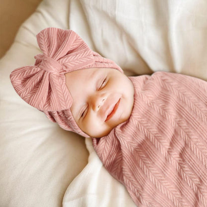 DRESHOW BQUBO Baby Swaddle Blankets for Girls, 4PCS Newborn Accessories Set with Matching Hat and Bow Headband with Card