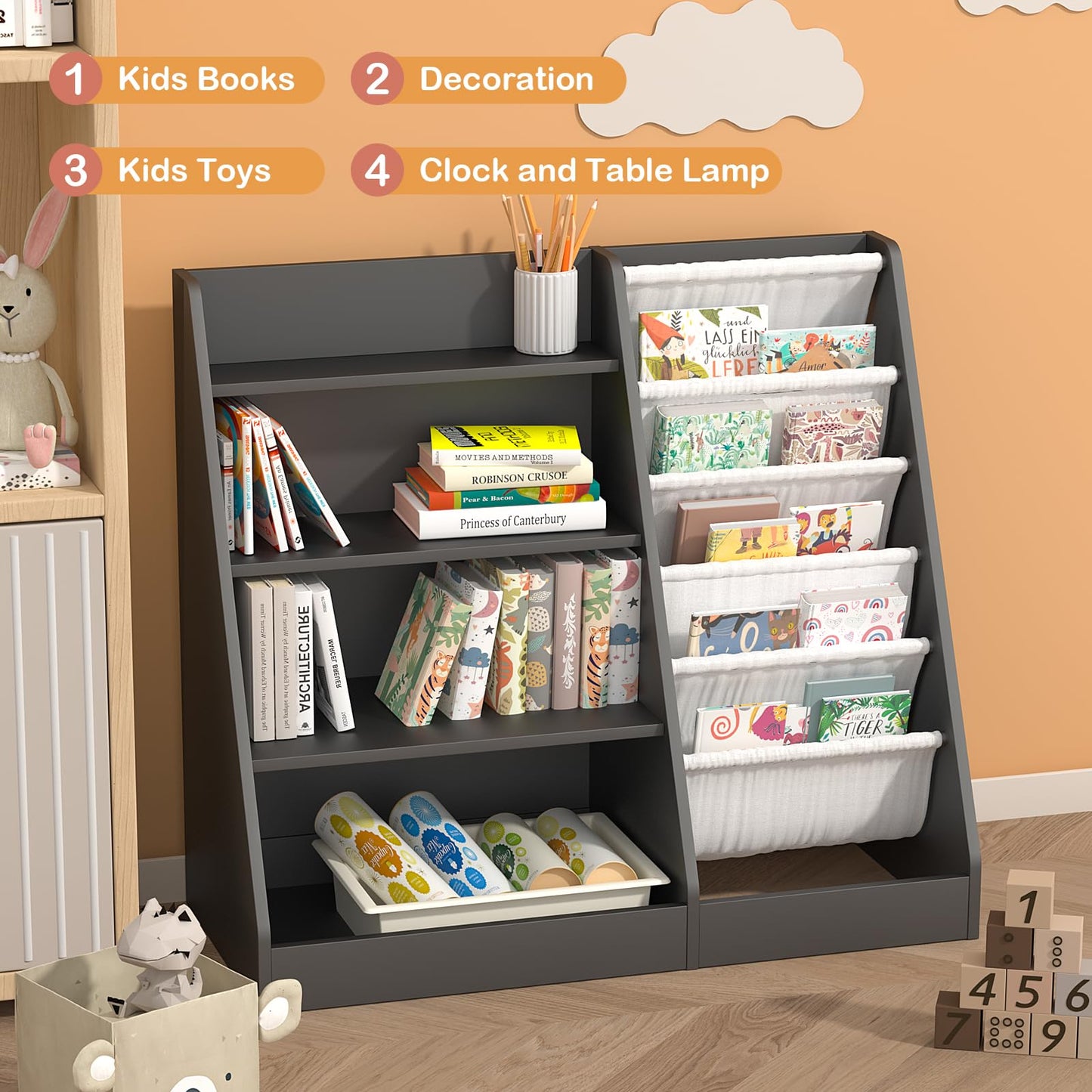 White Kids Bookshelf Wood Toy Storage Organizer Cabinet Children Bookcase Toddler Baby Sling Book Rack 3 Cube Bins Fabric Drawers for Playroom Bedroom Nursery School