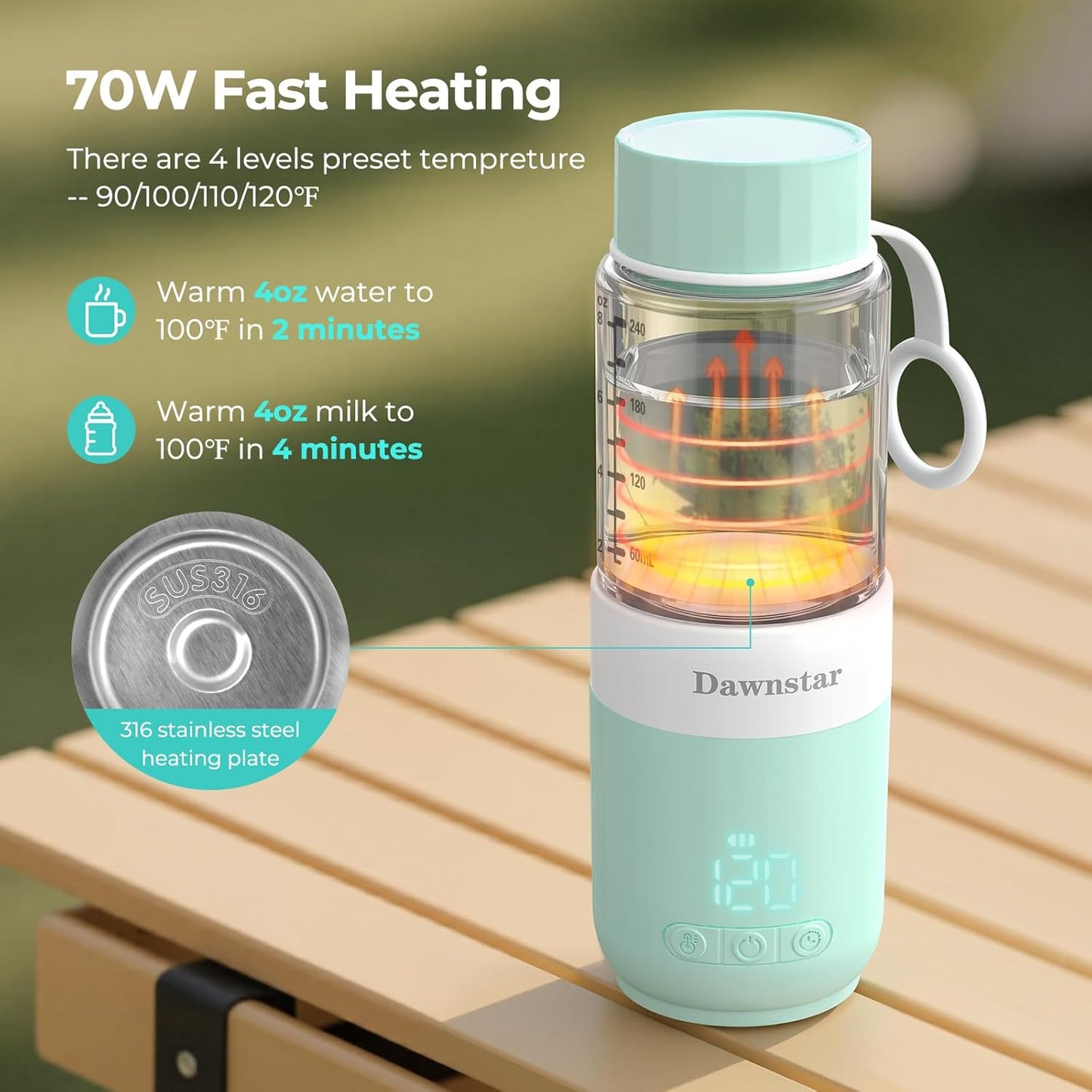 Portable Bottle Warmer for Travel, 8oz Portable Milk Warmer for Breast Milk & Water, Fast Heating & USB-C Rechargeable, Healthy Glass Bottle for Baby
