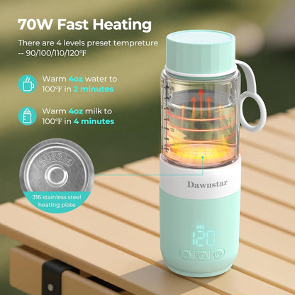 Portable Bottle Warmer for Travel, 8oz Portable Milk Warmer for Breast Milk & Water, Fast Heating & USB-C Rechargeable, Healthy Glass Bottle for Baby