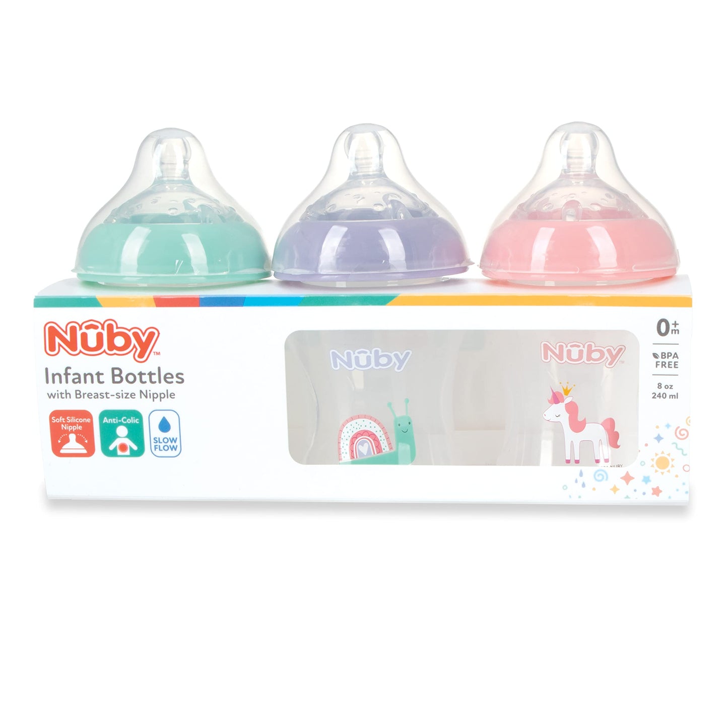 Nuby 3-Pack Infant Feeding Bottles with Slow Flow Breast Size Silicone Nipple: 0+ Months, 8oz, 3 Pack Set: Delicate Llama, Snail, Unicorn Prints