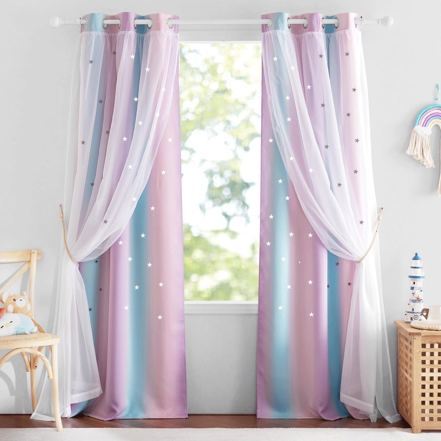 NICETOWN Nursery Curtains for Kids, Farmhouse Blackout Curtain Panels for Bedroom, Double Layer Star Hollow-Out Grommet Aesthetic Living Room Toddler Window Curtains, 2 Pcs, W52 x L84, Biscotti Beige