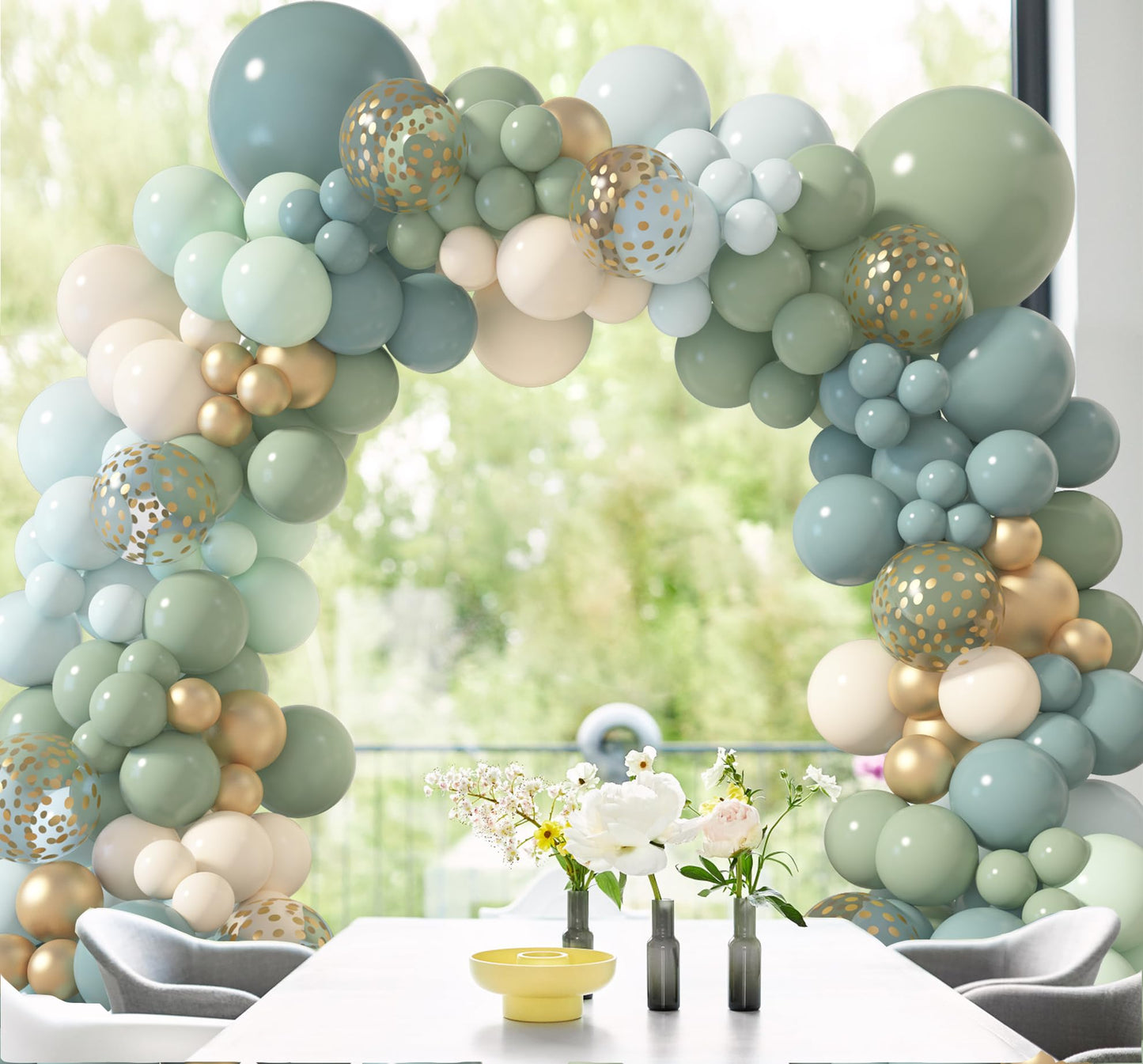 Amandir 173Pcs Pink Blue Green Balloon Arch Garland Kit, Dusty Baby Pink Mauve Pastel Mist Haze Green Blue Gold Confetti Balloons for Baby Shower Gender Reveal Wildflower Birthday Party Decorations