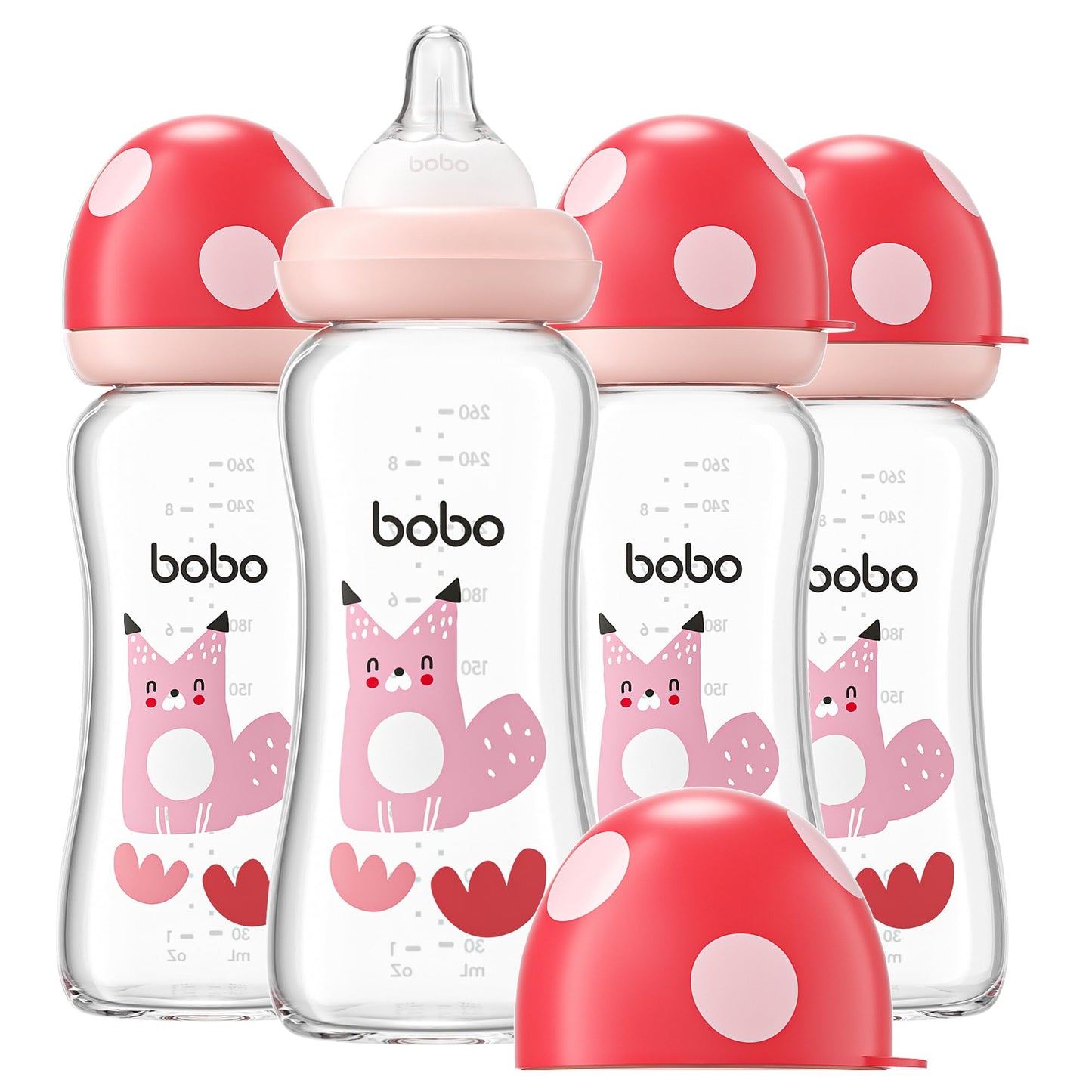 YOHKOH Natural Glass Baby Bottle with Natural Response Nipple, Newborn Anti-Colic Baby Bottles, Wide Neck Mushroom Cap Baby Bottle, Clear (8.8ounce (Pack of 4), Multicolour1)