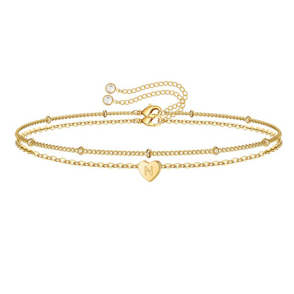 Turandoss Dainty Heart Initial Bracelets for Women Girls, 14K Gold Filled Handmade Personalized Letter Layered Heart Initial Bracelets for Women Teen Girls Jewelry Gifts