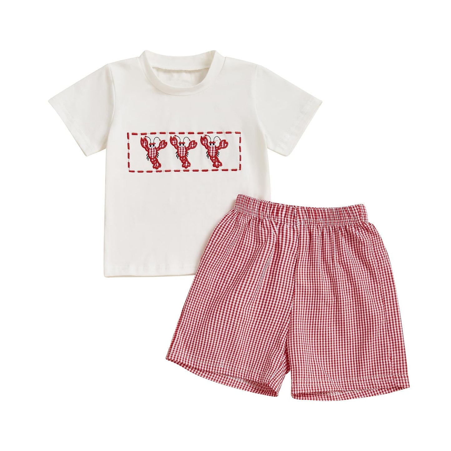 Toddler Baby Boy Summer Outfits Short Sleeve Embroidered T Shirt Tees + Striped/Plaid Shorts Infant Clothes Set