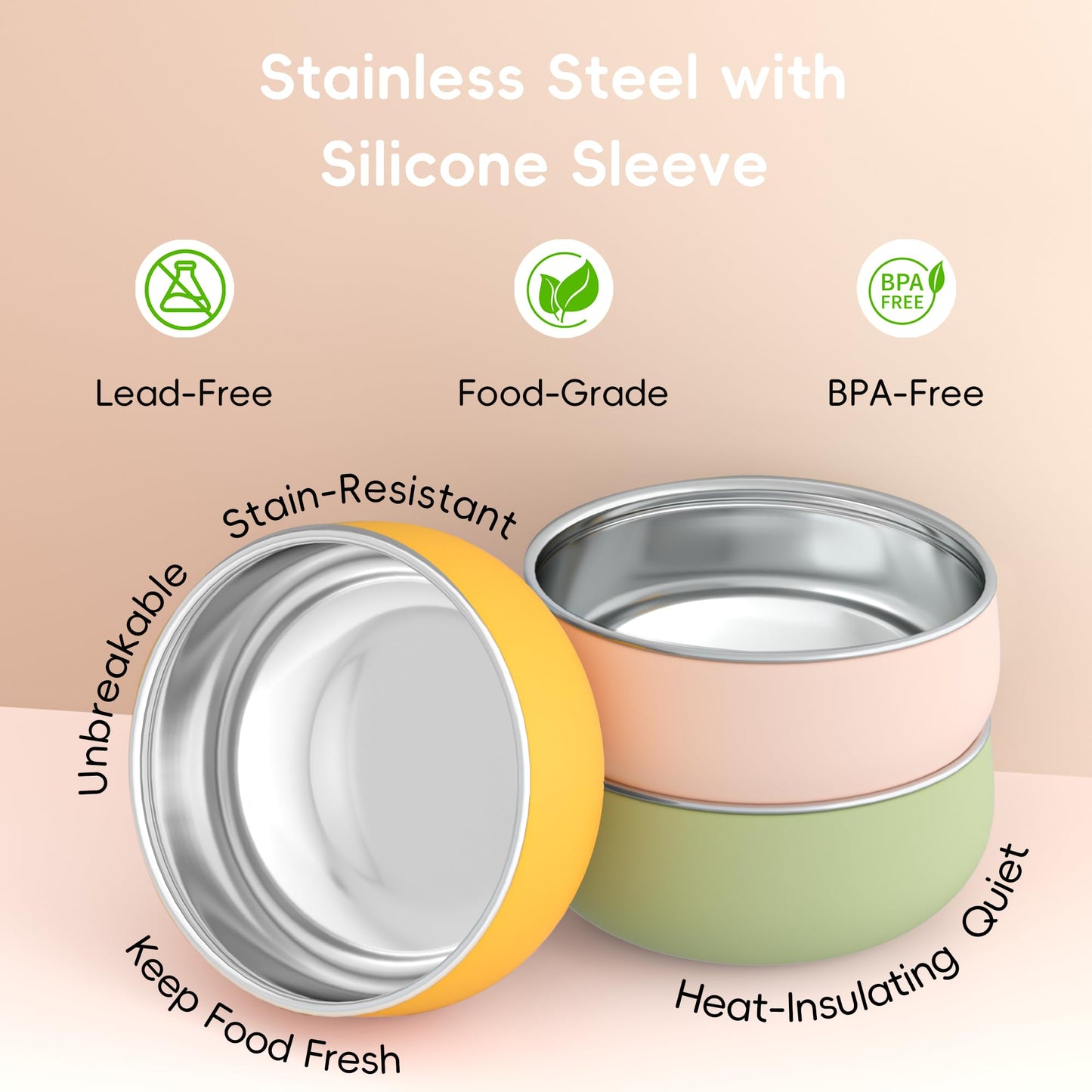 Bella's Friends Stainless Steel Baby Bowls with Silicone Sleeve 3 Pack, 4.3” for Toddlers Kids Feeding, Non-Slip, Non-Toxic, Mess-Free, Dishwasher Safe, Fit High Chair Size, Rose green Khaki