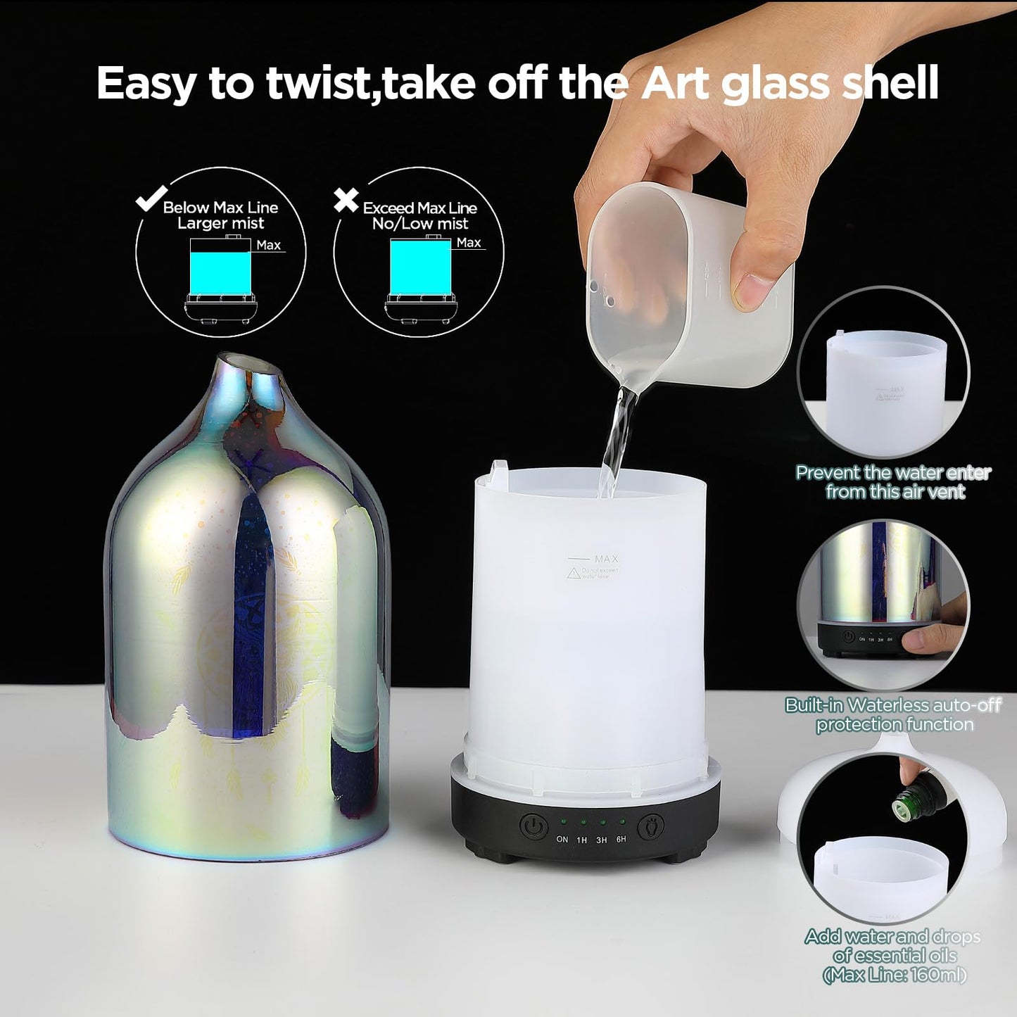 Essential Oil Diffuser Hand Blown Glass Aromatherapy Diffuser - Ultrasonic Cool Mist Scent Aroma Diffuser, Whisper Quiet with Auto Shut-Off, Timer Setting &7 Colors Night Light for Home