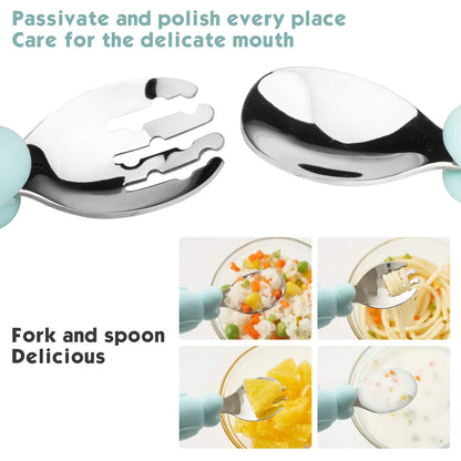 Silicone Suction Plate for Toddlers with Fork Spoon Set - Self Feeding Training Divided Plate Dish and Bowl for Baby and Toddler, Fits for Most Highchairs Trays (Cyan)
