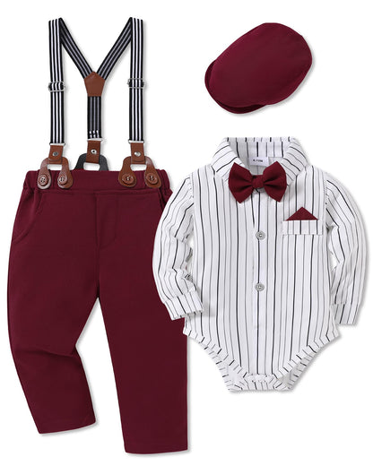 WESIDOM Baby Boy Clothes 0-18M Newborn Infant Gentleman Outfit, Shirt+Bowtie+Beret+Suspender Pant Baby boy Suit Clothing Set