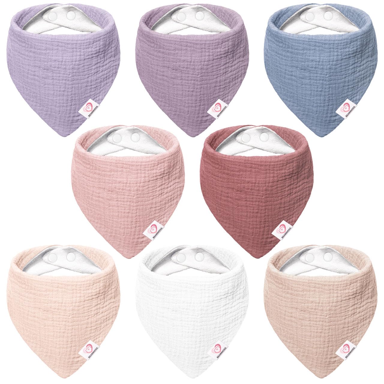 Bearmoss Muslin Baby Bibs 8 Pack Soft Bandana Bibs for Drooling & Teething, Absorbent Burp Cloths with Adjustable Snaps