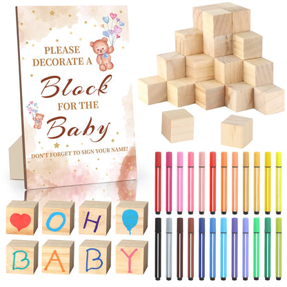 Baby Shower Games Sign Kit with 50 Blank Wooden Baby Blocks, 24 Acrylic Paint Marker and Wooden Sign, Blocks for Baby Shower, Gender Reveals Party(Green)