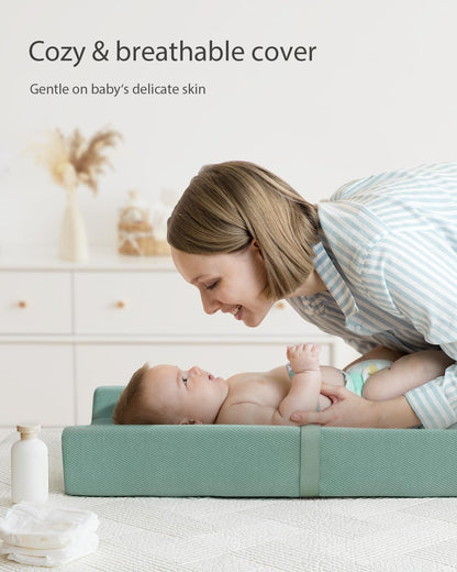 Blissful Diary Baby Changing Pad with Waterproof Lining Foam, Includes a Soft & Washable Cover, Contoured Changing Table Pads for Dresser Top with Non-Slip Bottom, 32”×16” (Grey, Avocado)
