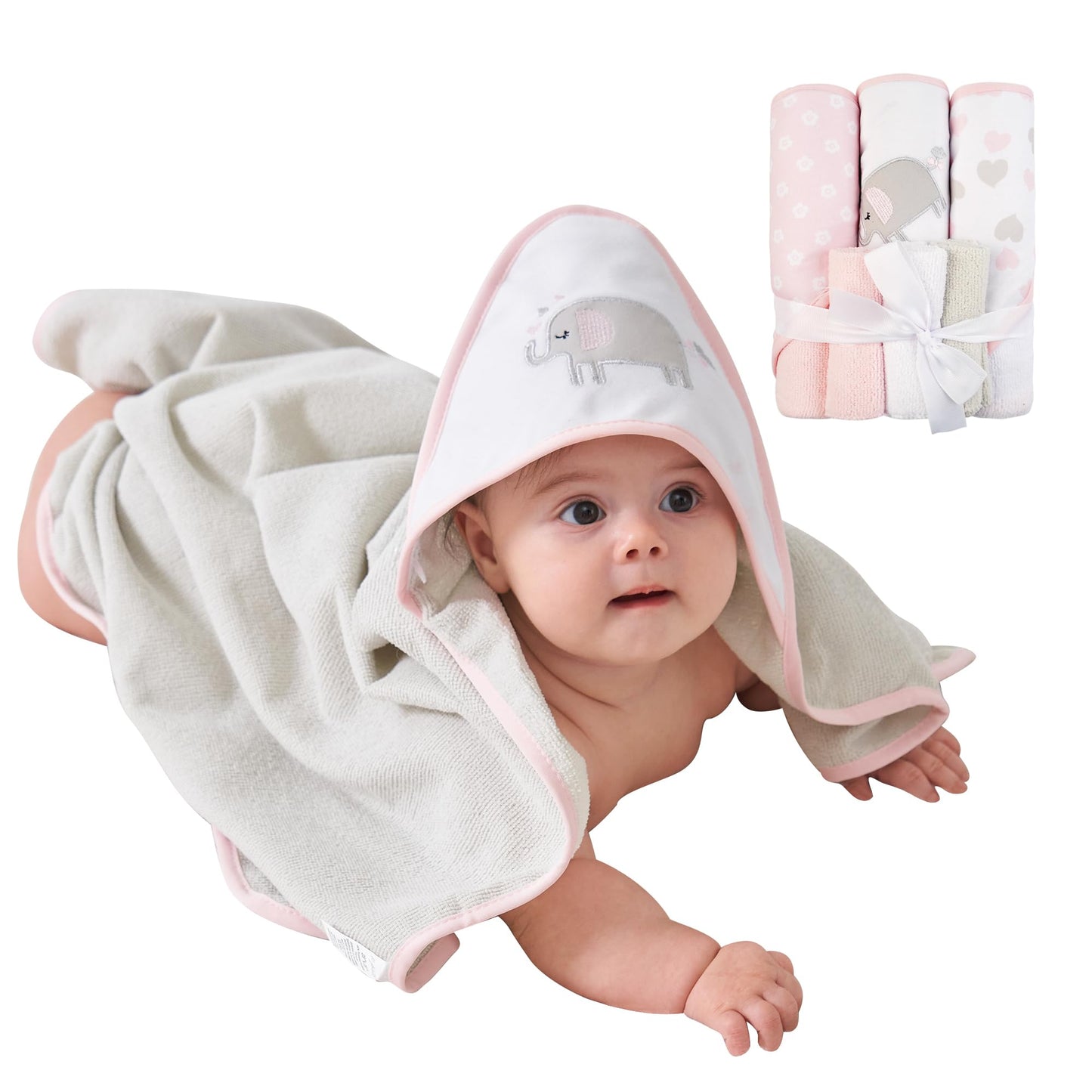 Viviland Baby Towels and Baby Wash Cloths Set Hooded Baby Towels Baby Wipes Absorbent Bath Face Towels Burp Cloths or Face Towels for Girl Boy 6-Pack Size 28 x 28 Inch(Elephant Flower)