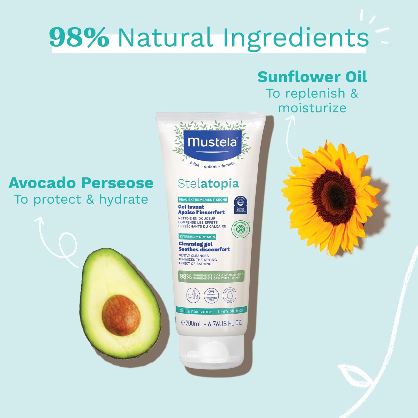 Mustela Stelatopia Eczema-Prone Skin Cleansing Gel - Baby Face & Body Wash with Natural Avocado & Sunflower Oil - Fragrance-Free & Tear Free - Various Sizes