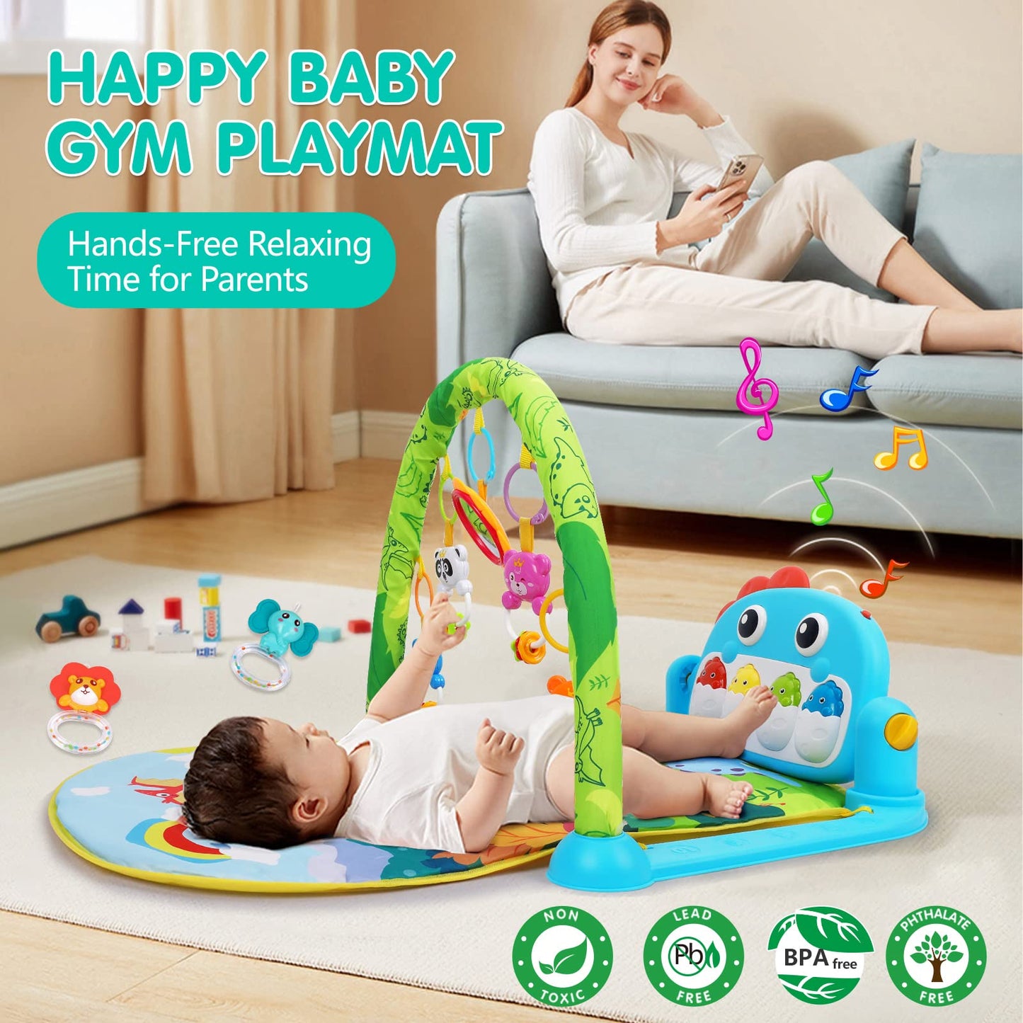 UMIKU Baby Play Mat Baby Tummy Time Mat Activity Center for Newborn Infant Piano Play Gym Mat Music & Light Babies Gifts Boy Girl for Babies 0-6 6-12 Months, Pink Dinosaur