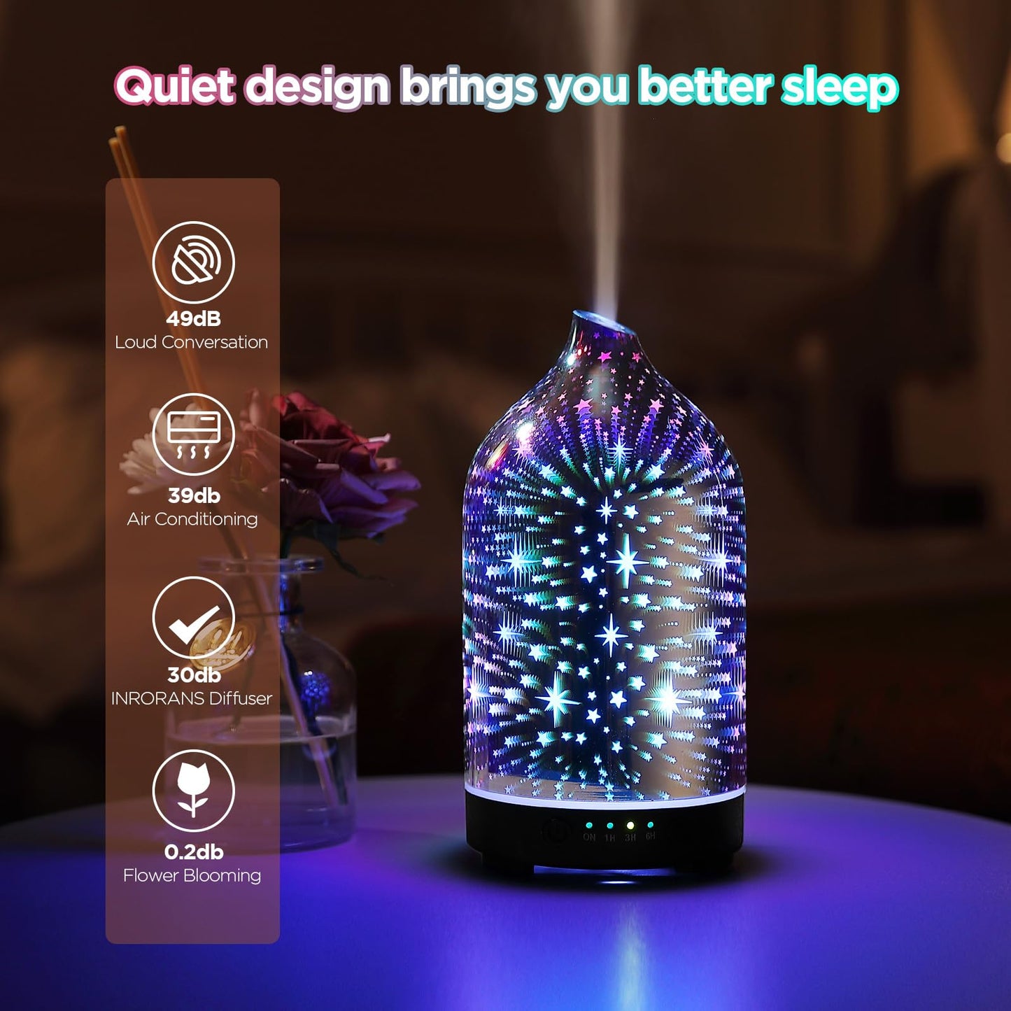 Essential Oil Diffuser Hand Blown Glass Aromatherapy Diffuser - Ultrasonic Cool Mist Scent Aroma Diffuser, Whisper Quiet with Auto Shut-Off, Timer Setting &7 Colors Night Light for Home