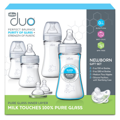 Chicco Duo 5oz. Hybrid Baby Bottle with Invinci-Glass Inside and Plastic Outside | Dishwasher, Bottle Warmer, and Electric Sterilizer Safe | Intui-Latch Nipple | Clear/Grey, 2pk
