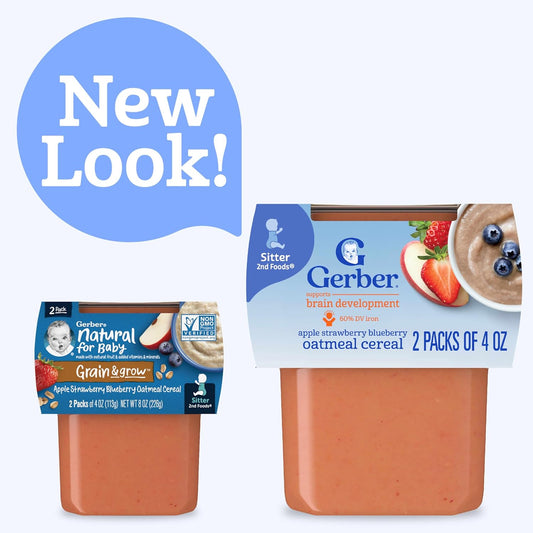Gerber Stage 2 Baby Food, Apple Strawberry Blueberry Oatmeal Cereal Tubs, Iron Helps Support Brain Development, No Artificial Flavors, Baby Cereal, 2-Pack