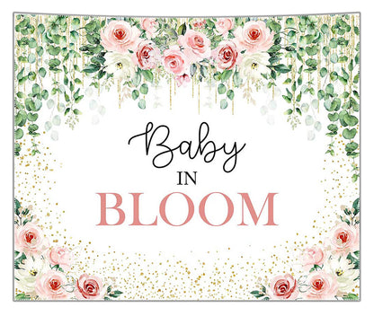 Avezano Baby in Bloom Backdrop Sage Green Leaves with Pink Flowers Baby Shower Party Decorations Baby Girl's Greenery Floral Nature Theme Photography Background Cake Table Banner (6x5ft(72x60in))