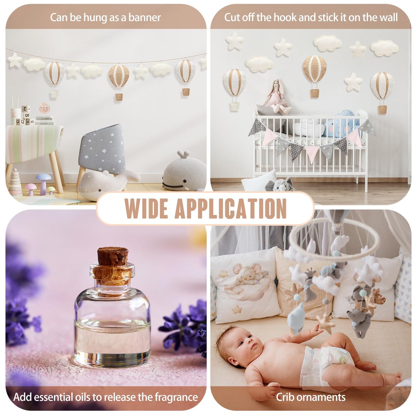 Poen 10 Pcs Star Hot Air Balloon and Cloud Nursery Decor Western Wall Decor for Bedroom Mini Felt Clouds Stars Hot Air Balloon Nursery Felt Wall for Kids Baby Bedroom(Khaki)