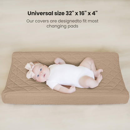 Konssy Waterproof Muslin Changing Pad Cover 2 Pack, Quilted Cotton Fitted Diaper Chang Table Cover, Soft Changing Pad Sheets for Girls Boys (Blossom,Pink)