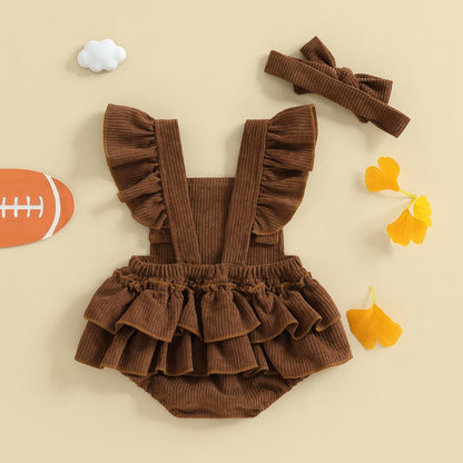 Football Baby Girl Outfit Embroidery Football Romper Ruffle Sleeve Corduroy Bodysuit Overalls Game Day Clothes