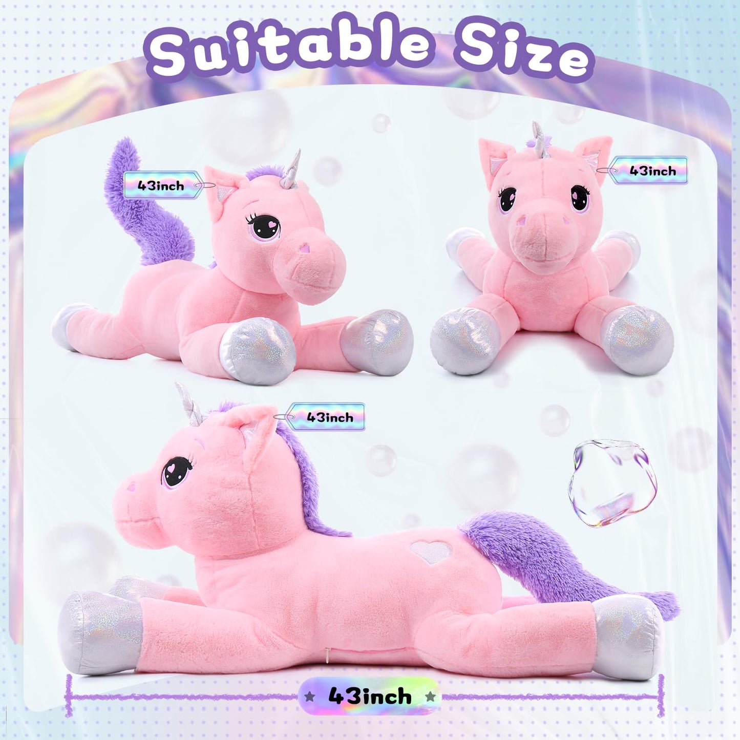 43" Giant Unicorn Stuffed Animal, Unicorn Plush Pillow Toys Big Plushy Fluffy, Gift for Girls Kids Boys Girlfriend, White & Purple