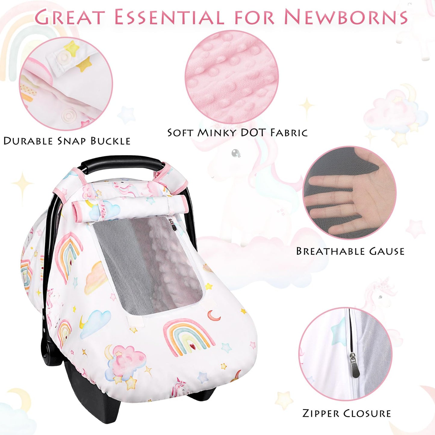 Pea Pod Car Seat Cover Baby, Infant Car Seat Canopy Covers for Newborn with 2 Layers Windows of Breathable Mesh Fabric, Lightweight Polyester/Soft Minky Dot Backing (Floral & Rainbow)