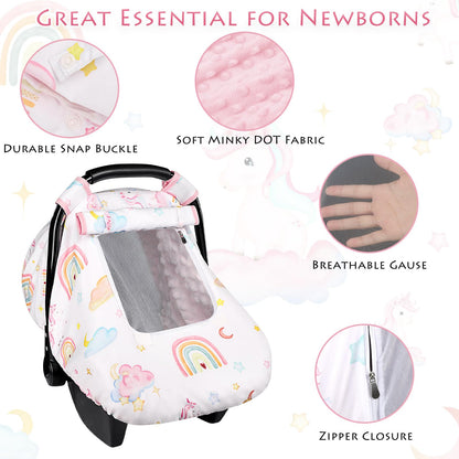 Pea Pod Car Seat Cover Baby, Infant Car Seat Canopy Covers for Newborn with 2 Layers Windows of Breathable Mesh Fabric, Lightweight Polyester/Soft Minky Dot Backing (Floral & Rainbow)