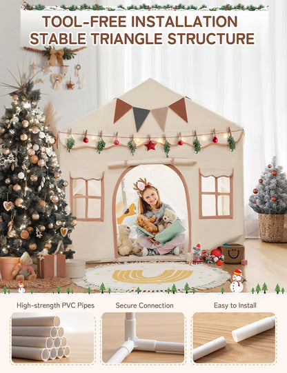 BESREY Kids Play Tent - 2 in 1 with Padded Mat & Lights, Large Playhouse with 2 Doors & 4 Windows, Indoor & Outdoor, Christmas Toddler Play Tent, 51" x 35" x 51