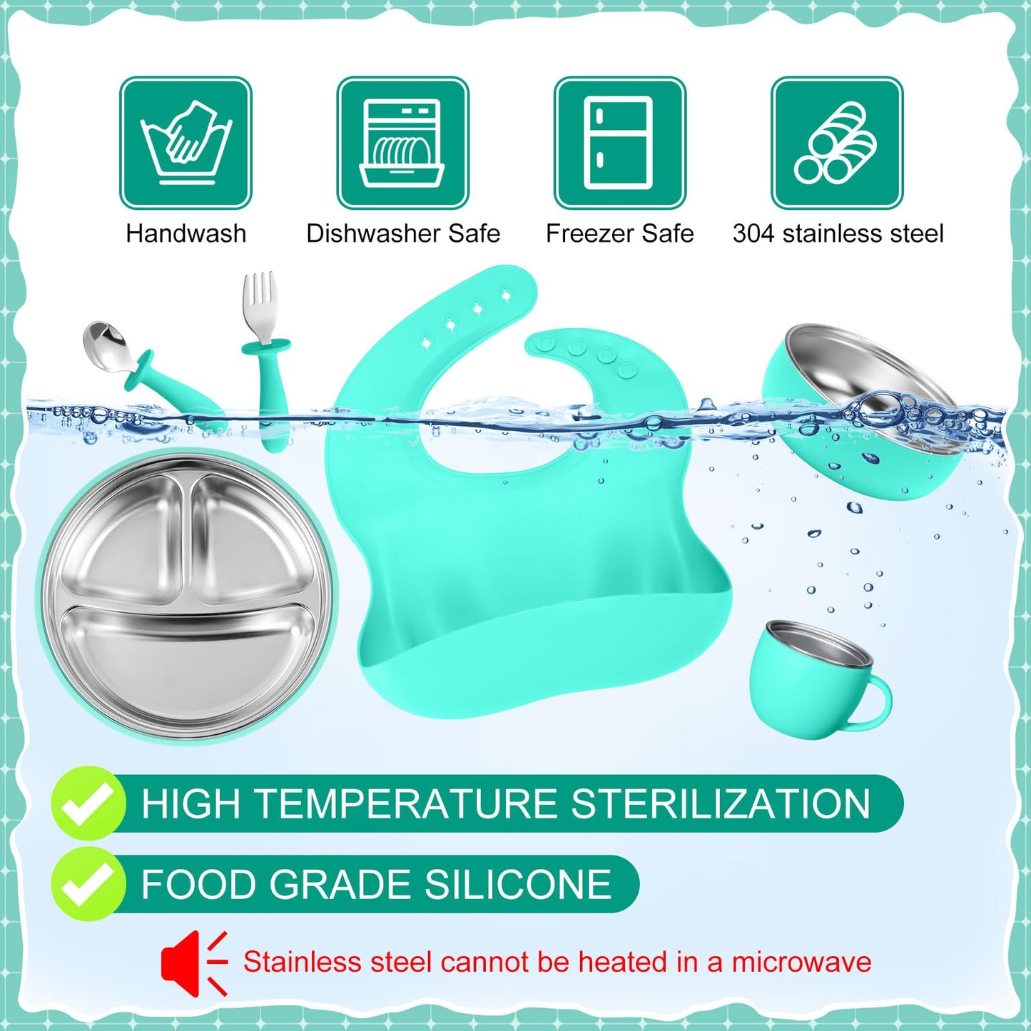 Nuogo 6 Pcs 304 Stainless Steel Kids Plates and Bowls Set Stainless Steel Suction Bowls and Toddler Cup with Removable Silicone, Forks Spoons Pocket Bib for Baby Toddle(Pink,Round)
