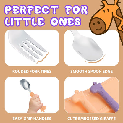 lohodo Toddler Utensils Kids Spoon and Fork Set 18/8 Stainless Steel Silverware BPA Free Pink & Purple Cute Giraffe Child Flatware with Travel Case for Age 3+