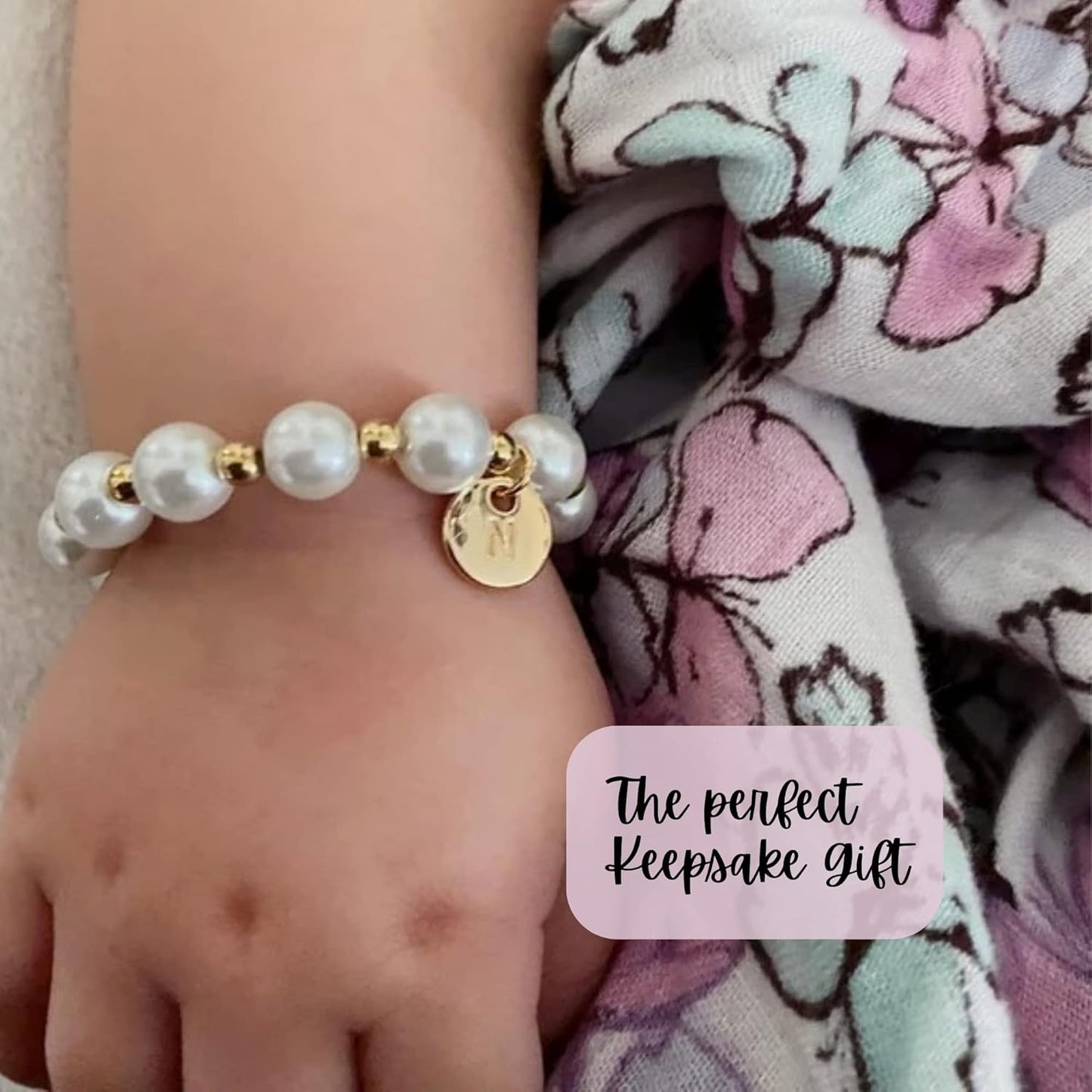 Baby Girls Monogrammed Pearl Gold Stretch Bracelet