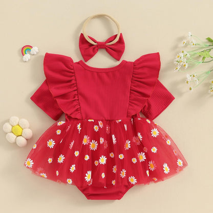Baby Girls Daisy Romper Bowknot Bodysuit+Headband Short Sleeve Playsuits Floral Jumpsuit Infant Summer Clothes