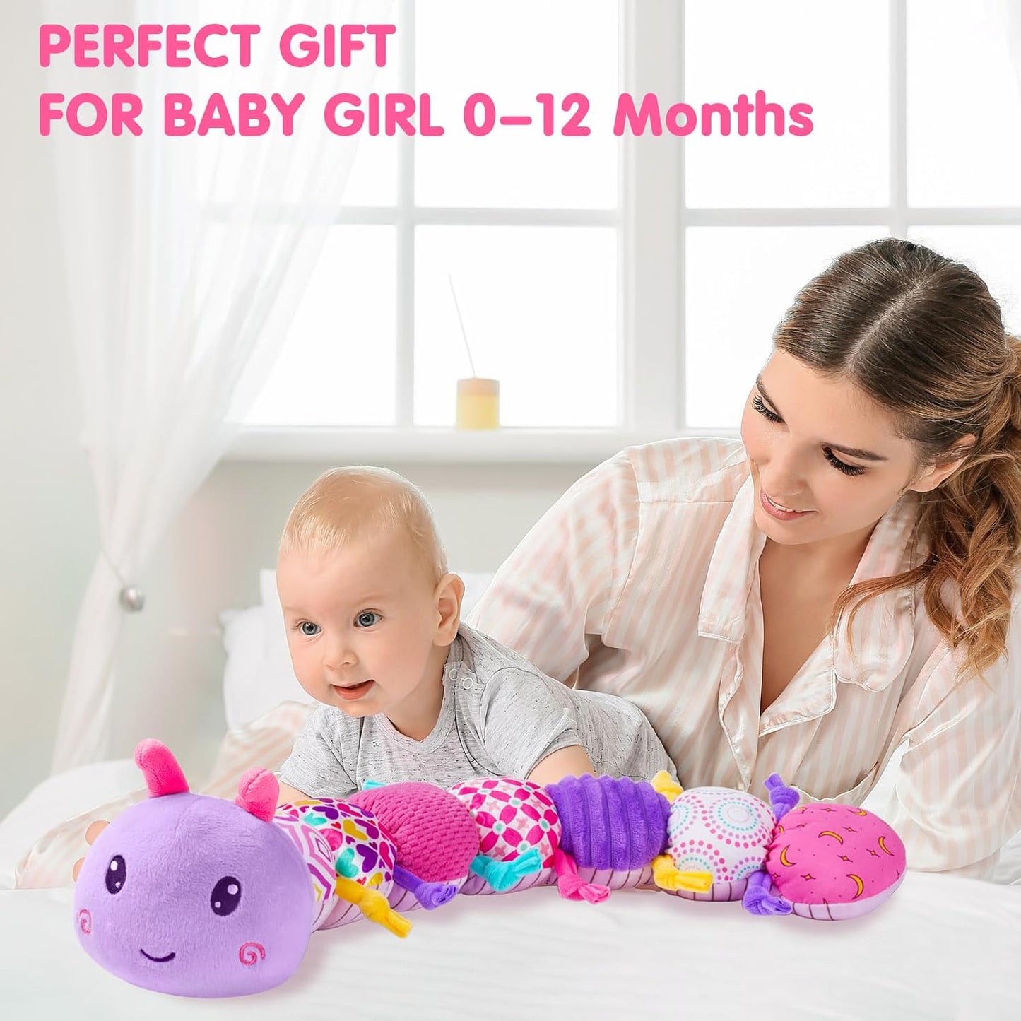 KaeoHye Baby Infant Musical Stuffed Animal Soft Toy with Multi-Sensory Crinkle, Rattle & Textures,Baby Girl Toy Birthday Gift for 0 3 6 9 12 Months+,Caterpillar,Purple