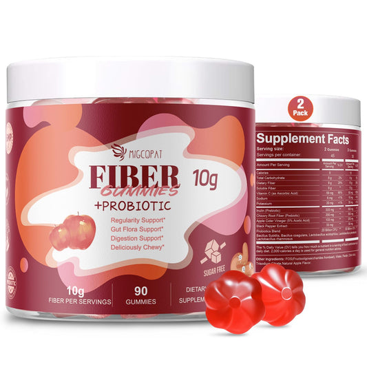 Migcopat Gomitas de fibra con probióticos, 0.35 onzas de fibra por porción, sin azúcar añadido, con mezcla de probióticos de 10 mil millones de UFC, vinagre de sidra de manzana, vitamina C, inulina,