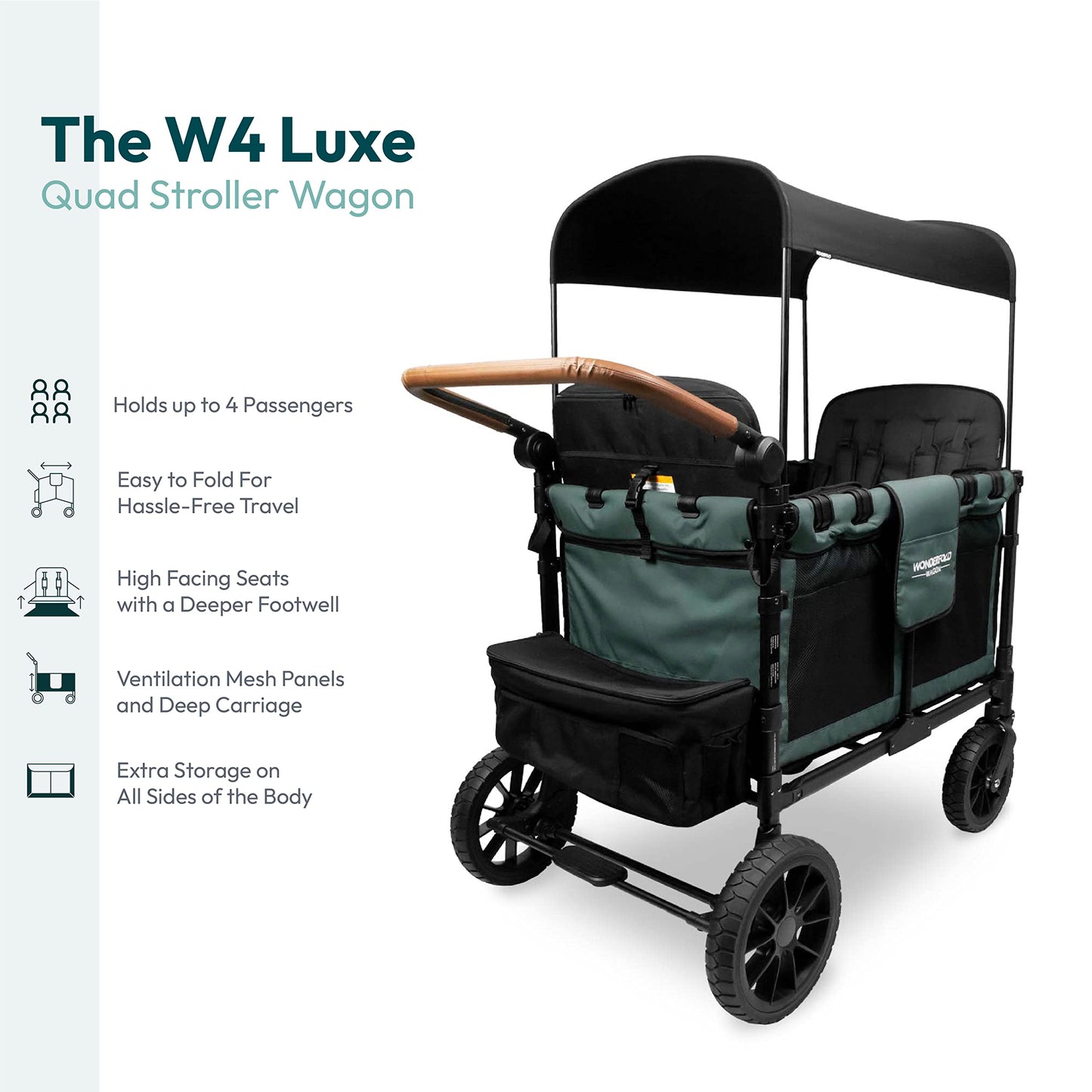 WONDERFOLD W4 Luxe Quad Stroller Wagon Featuring 4 High Face-to-Face Seats with Magnetic Buckle 5-Point Harnesses and Adjustable/Removable UV-Protection Canopy, Hunter Green