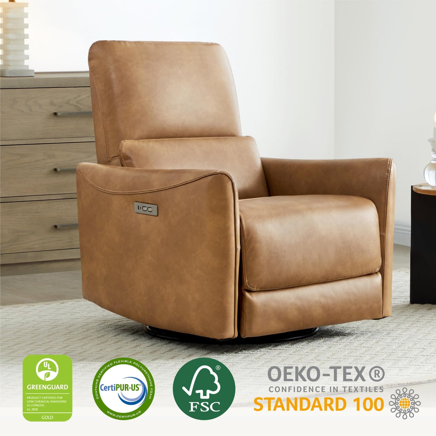CHITA Power Recliner Chair Swivel Glider, FSC Certified Upholstered Living Room Nursery Reclining Sofa Chair with Lumbar Support, Linen