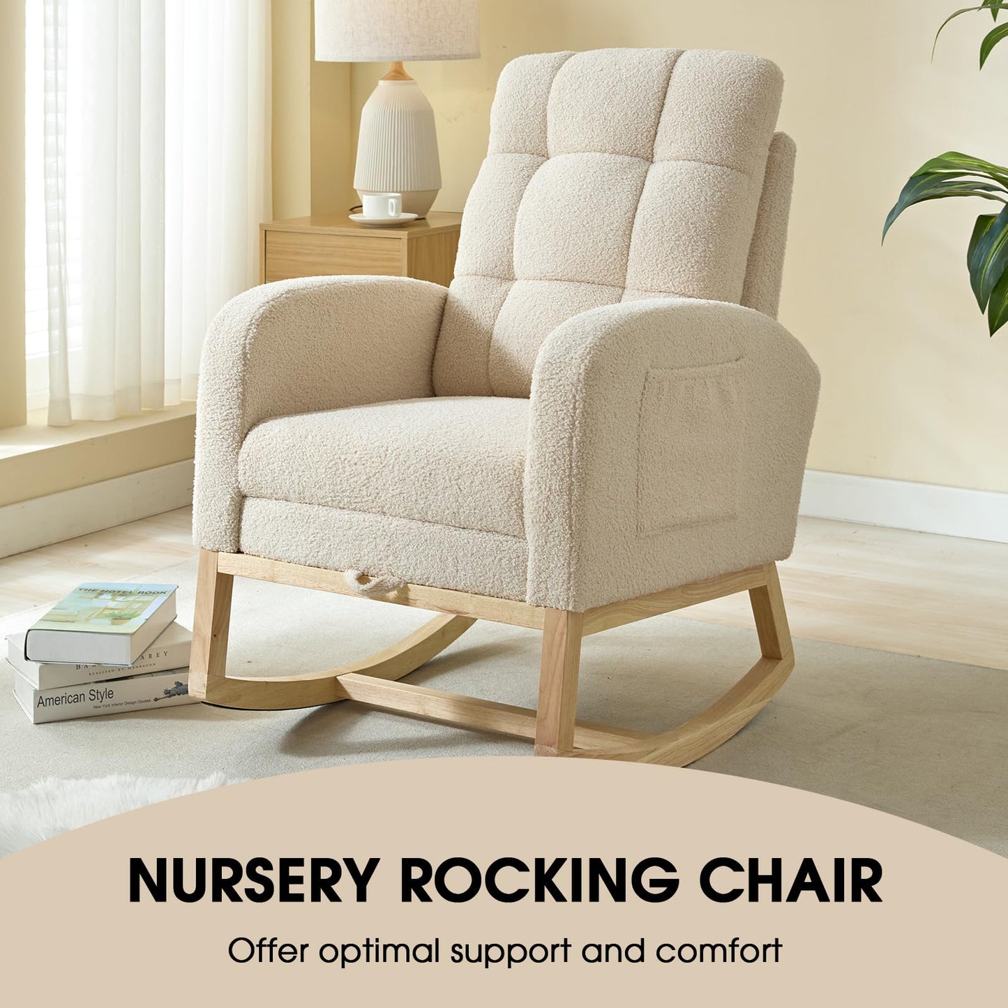 NIOIIKIT Modern Nursery Rocking Chair, Teddy Upholstered Rocking Chair with Footrest, Comfortable Glider Rocker with Side Pocket for Living Room, Bedroom, Nursing Room (Beige)