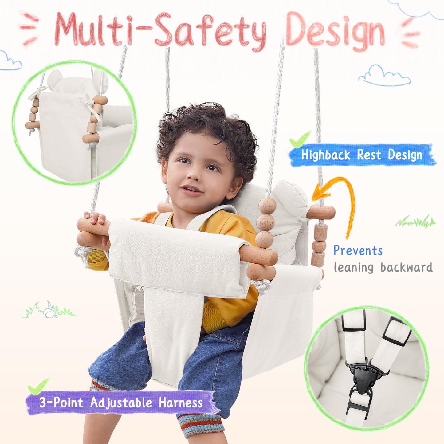 Baby Swing Indoor Outdoor,Secure Canvas Wooden Toddler Swing Seat, 3-Point Adjustable Safety Harness,Mounting Hardware Included,Gift for Boys and Girls,White