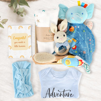 Baby Gift Set for Newborn, Baby Shower Gifts, Wooden Baby Gift Basket Essentials Includes Infant Swaddle Blanket Onesies Rattle Toy Hair Bursh, New Born Baby Christmas Gifts for Girls Boys